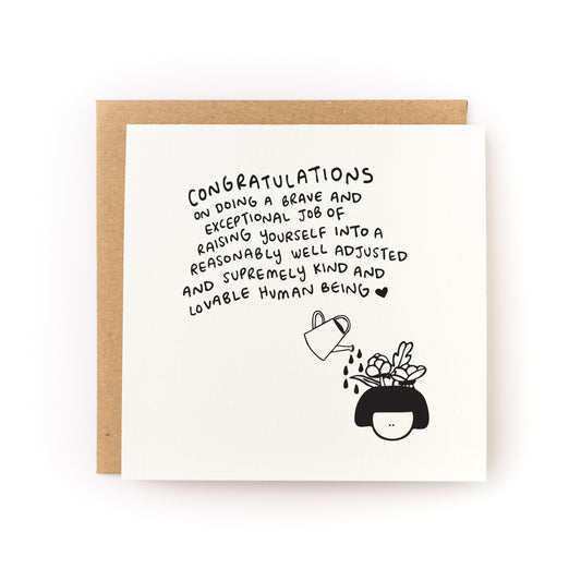Congrats On Raising Yourself Letterpress Card with hand-printed text and illustration on white card with kraft envelope.