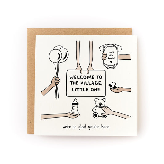 Welcome to the Village, Little One Letterpress Card with baby items illustration and kraft envelope.