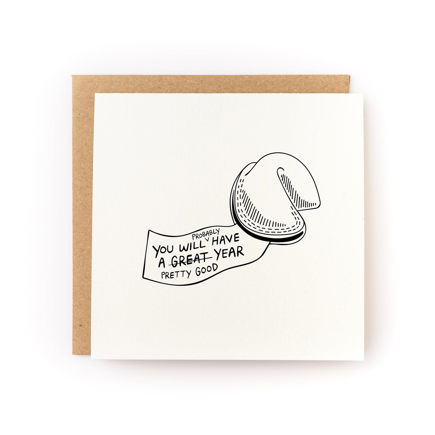 Pretty Good Year Letterpress Card with a fortune cookie design and blank inside, paired with a recycled kraft envelope.