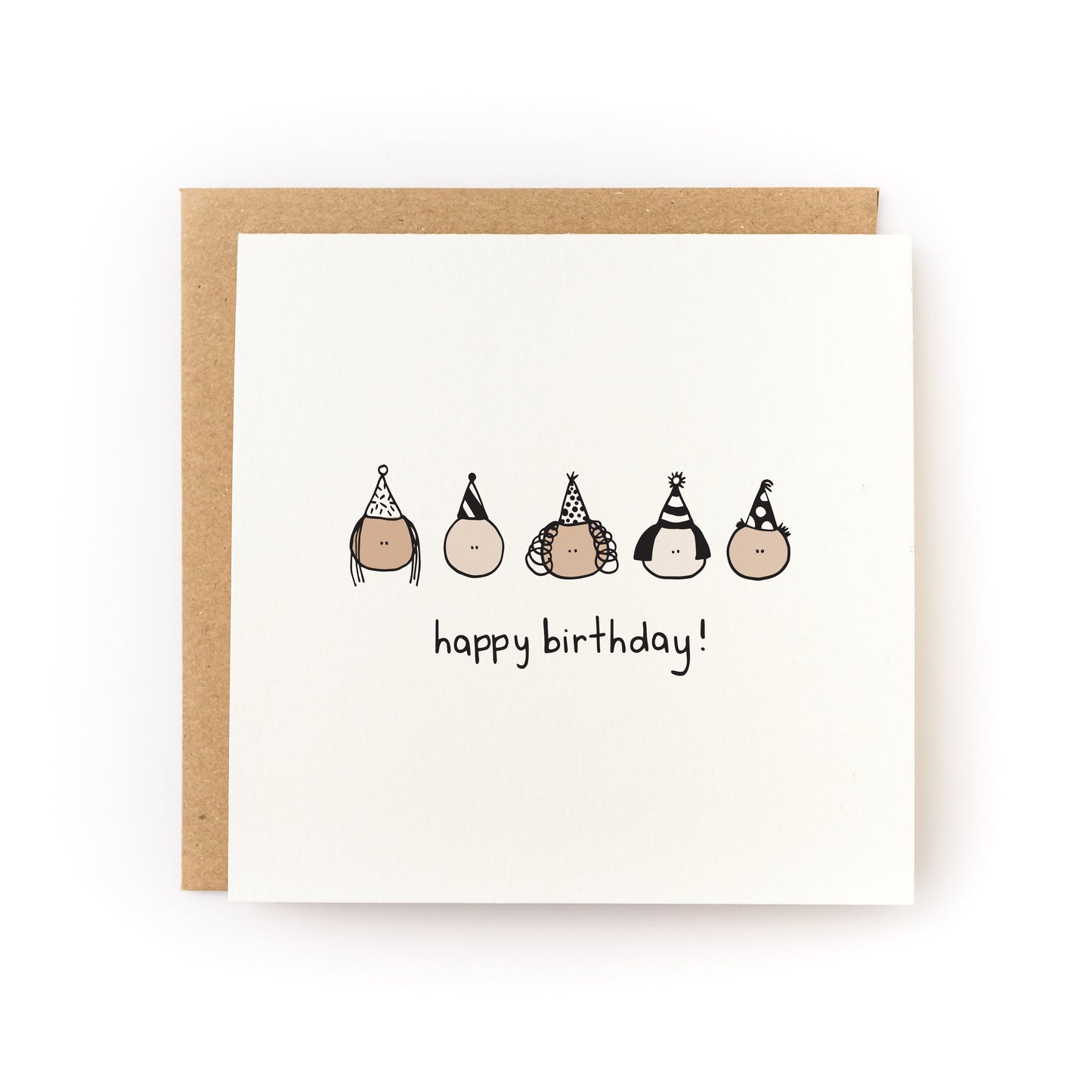 Happy Birthday Letterpress Card featuring five simple faces with party hats and "happy birthday!" text on white cardstock.