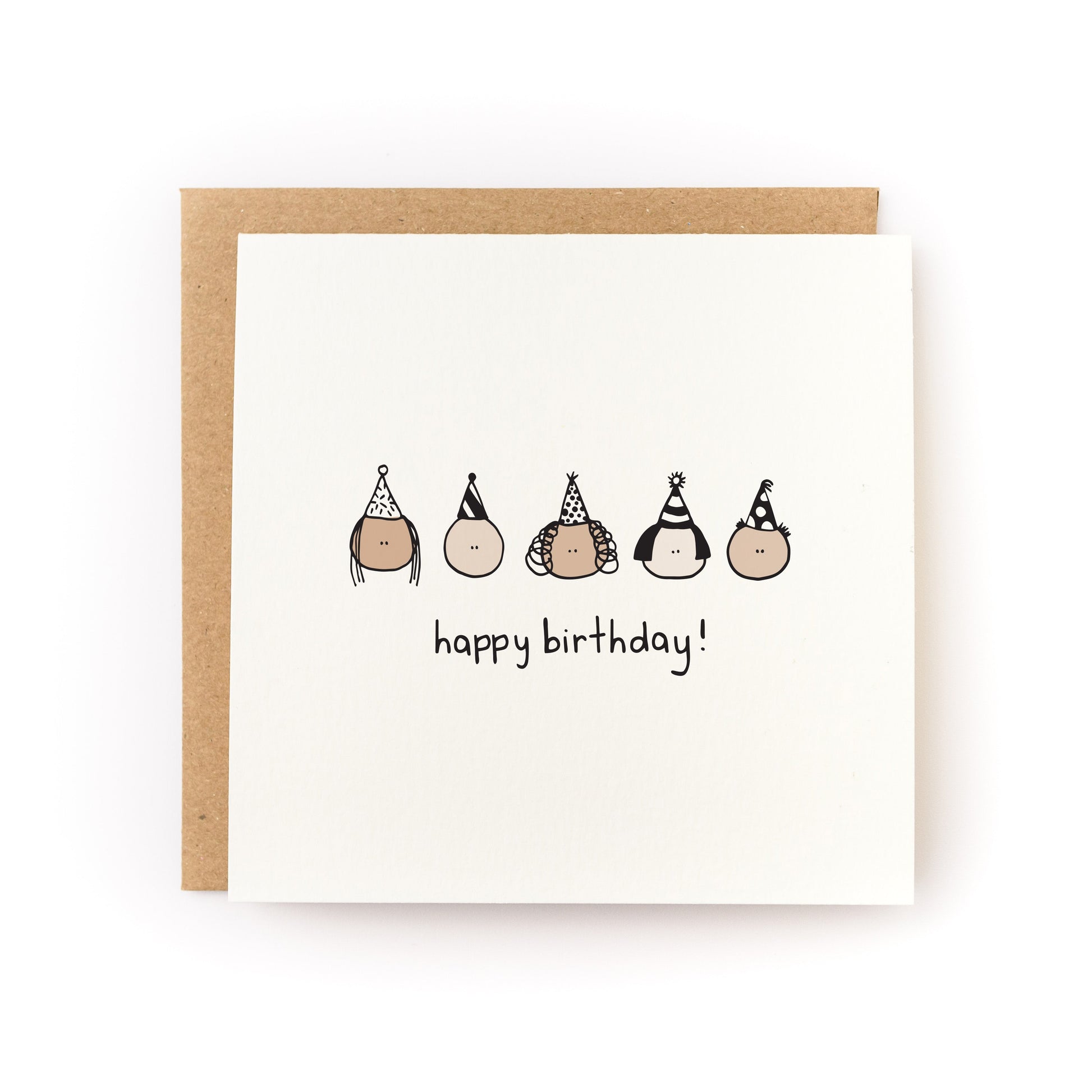 Happy Birthday Letterpress Card featuring five simple faces with party hats and "happy birthday!" text on white cardstock.
