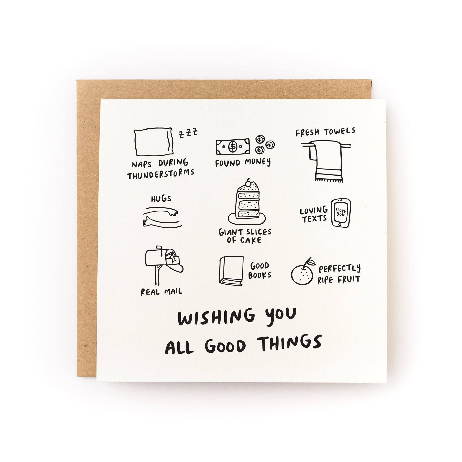 Wishing You All Good Things Letterpress Card with illustrations of naps, hugs, cake, towels, and more.