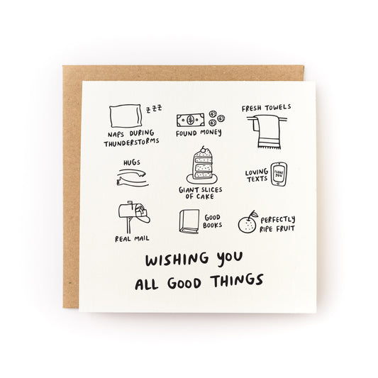 Wishing You All Good Things Letterpress Card with illustrations of naps, hugs, cake, towels, and more.
