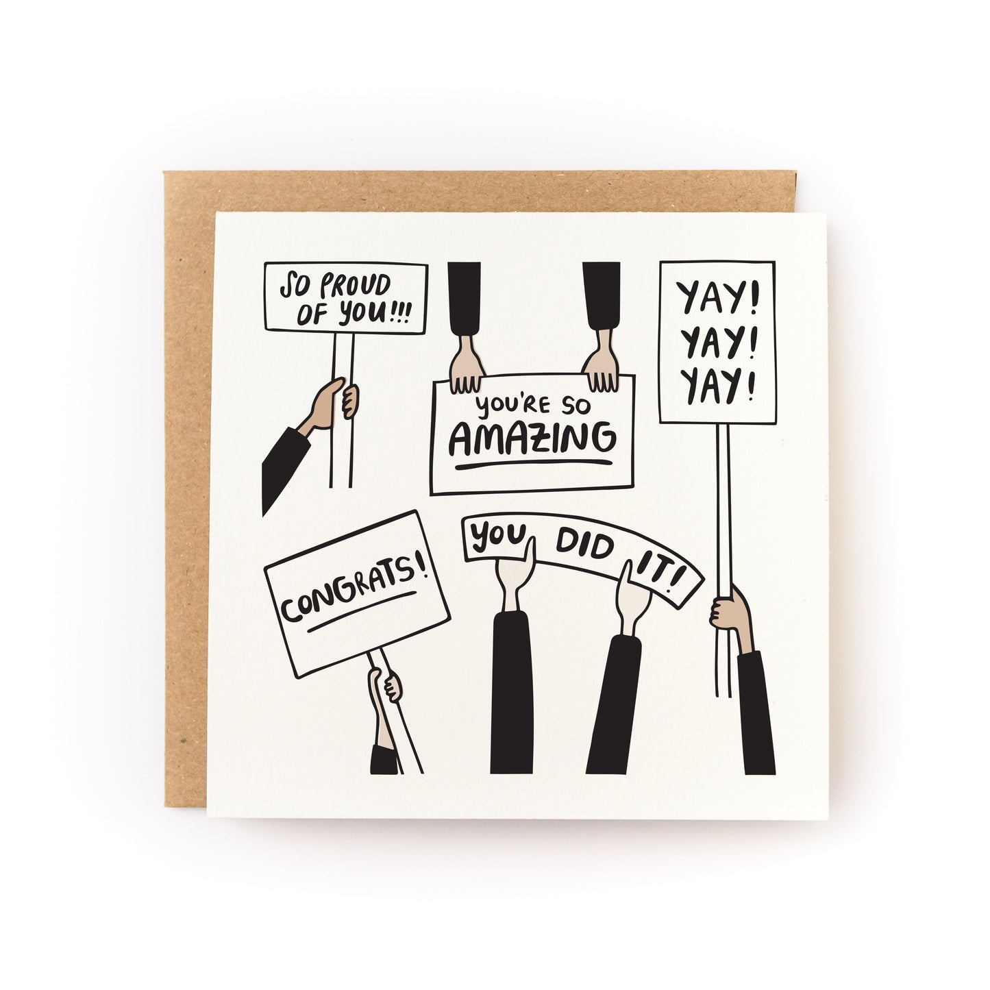 Yay You Did It Letterpress Card with hand-drawn signs saying congrats, so proud, you're amazing, and yay.