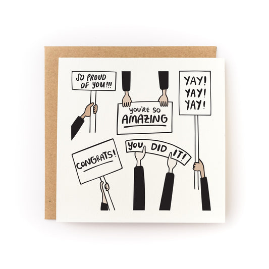 Yay You Did It Letterpress Card with hand-drawn signs saying congrats, so proud, you're amazing, and yay.