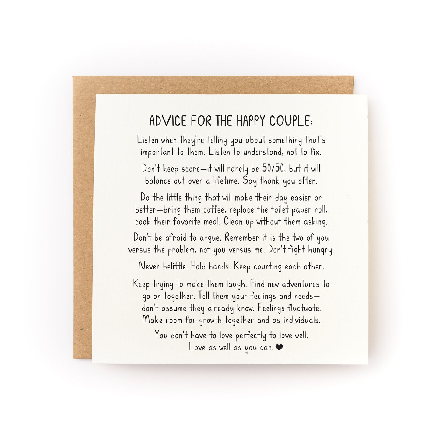Advice for the Happy Couple Wedding Letterpress Card featuring heartfelt relationship advice on a folded luxe white cardstock.