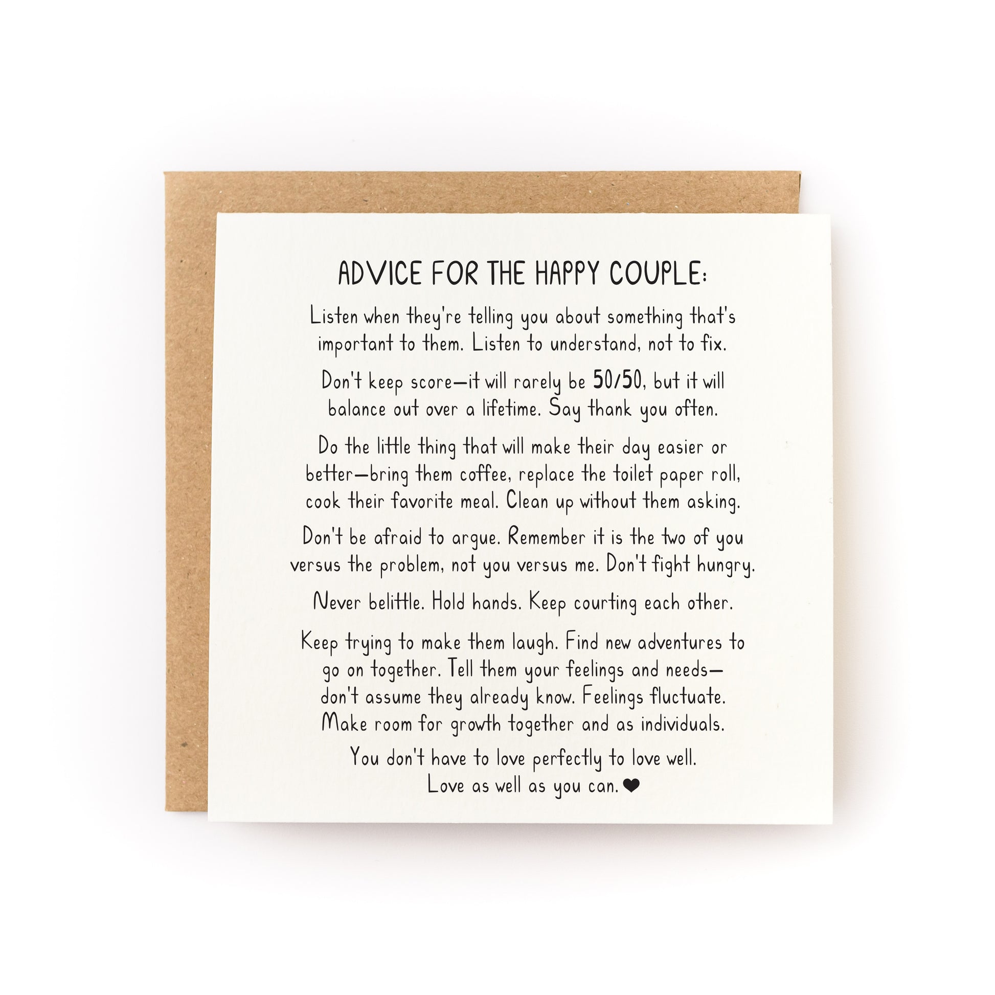 Advice for the Happy Couple Wedding Letterpress Card featuring heartfelt relationship advice on a folded luxe white cardstock.