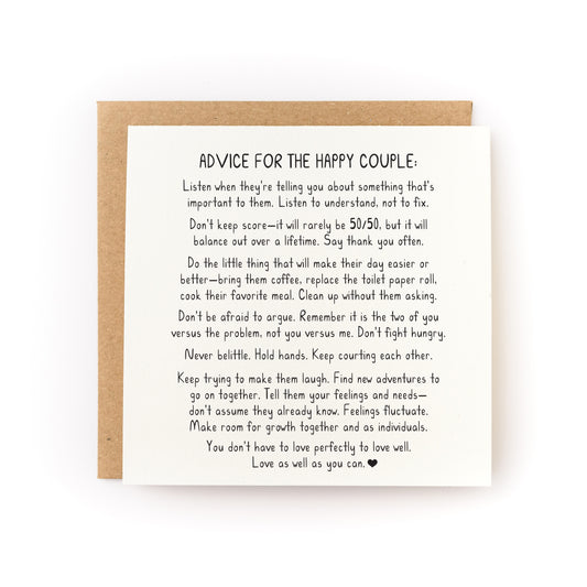 Advice for the Happy Couple Wedding Letterpress Card featuring heartfelt relationship advice on a folded luxe white cardstock.