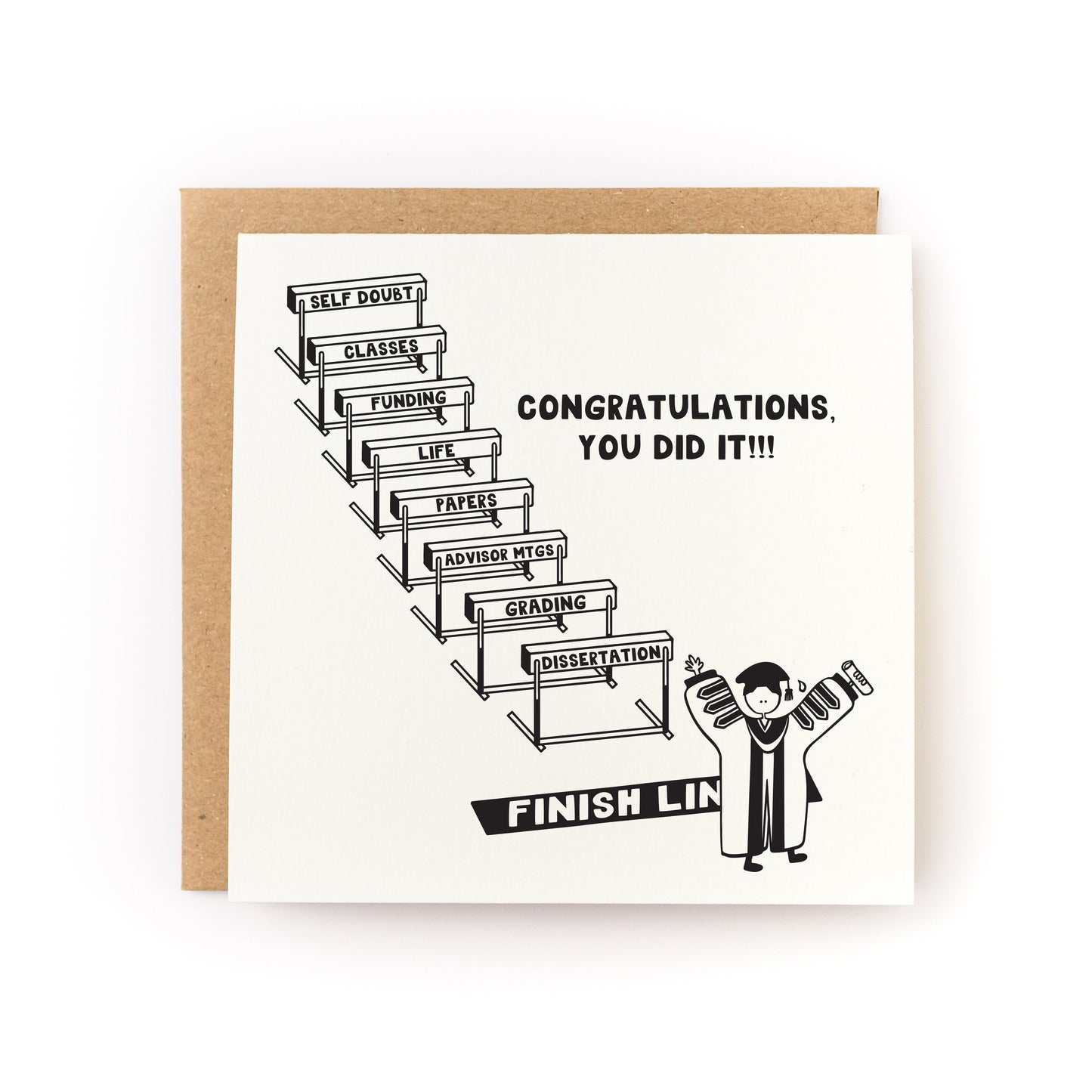 Congratulations You Did It Ph.D. Graduation Letterpress Card with hurdles labeled self doubt to dissertation and a graduate celebrating finish line.