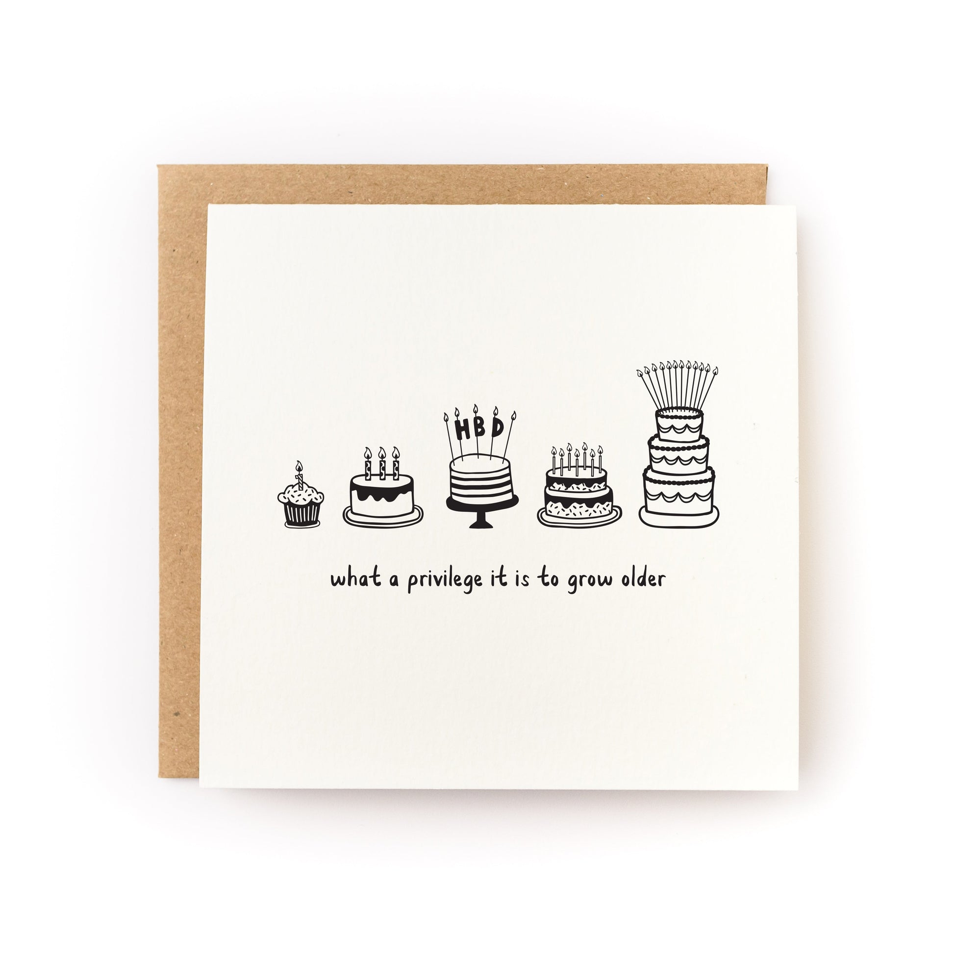 What a Privilege to Grow Older Letterpress Card with hand-drawn birthday cakes and reflective message on white cardstock