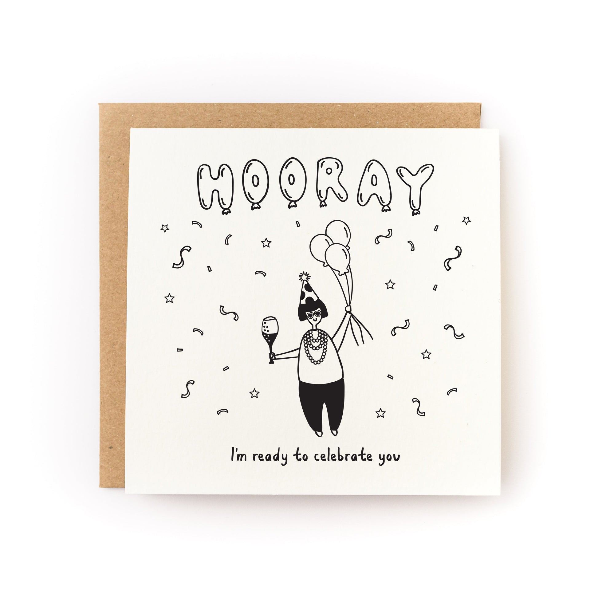 Ready to Celebrate You Letterpress Card with celebration doodles, balloons, and confetti on a white folded card.