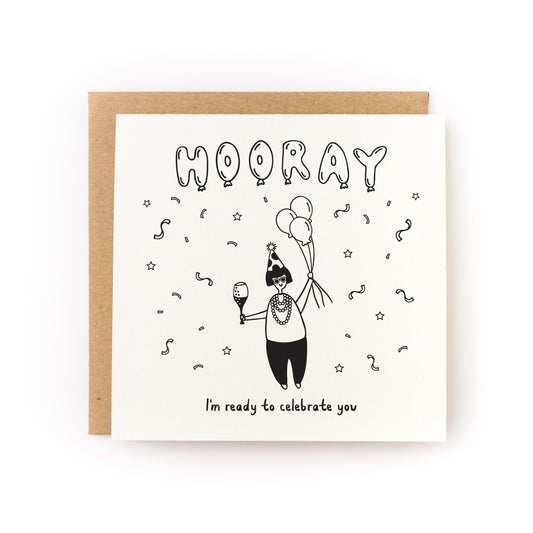 Ready to Celebrate You Letterpress Card with celebration doodles, balloons, and confetti on a white folded card.