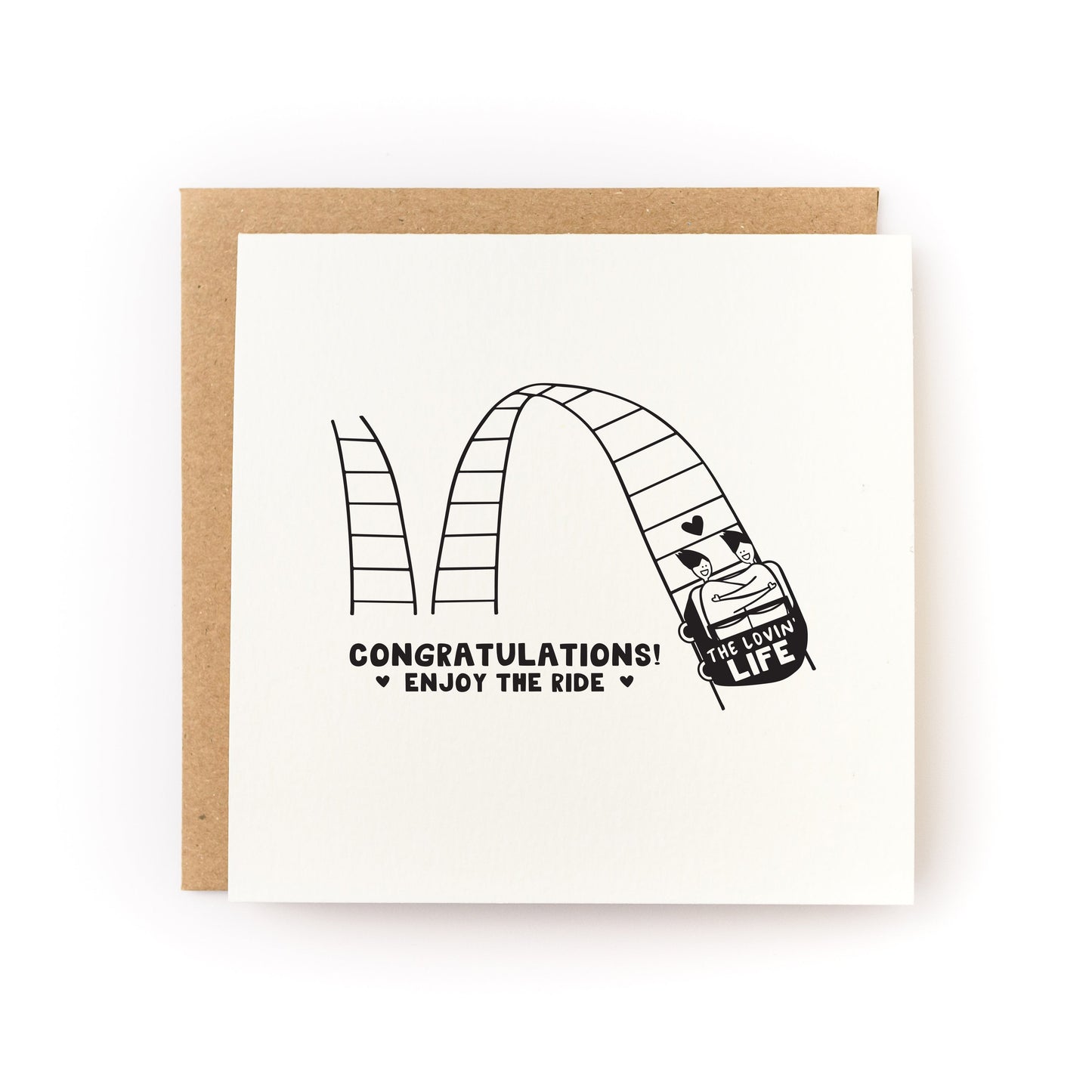 Enjoy the Ride Wedding Letterpress Card featuring a rollercoaster design with congratulations message and recycled kraft envelope.
