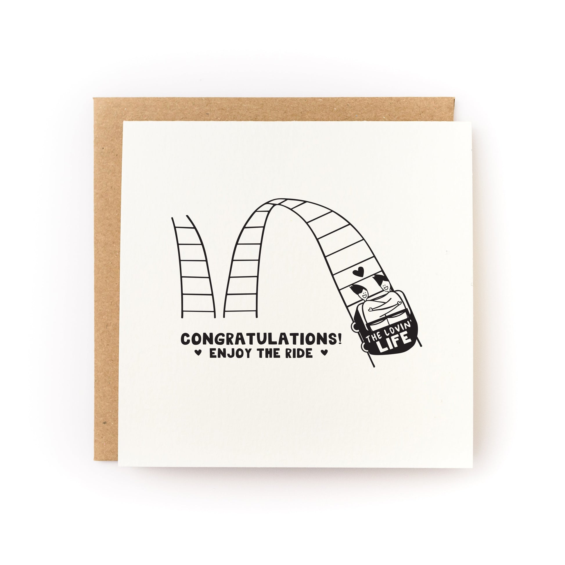 Enjoy the Ride Wedding Letterpress Card featuring a rollercoaster design with congratulations message and recycled kraft envelope.