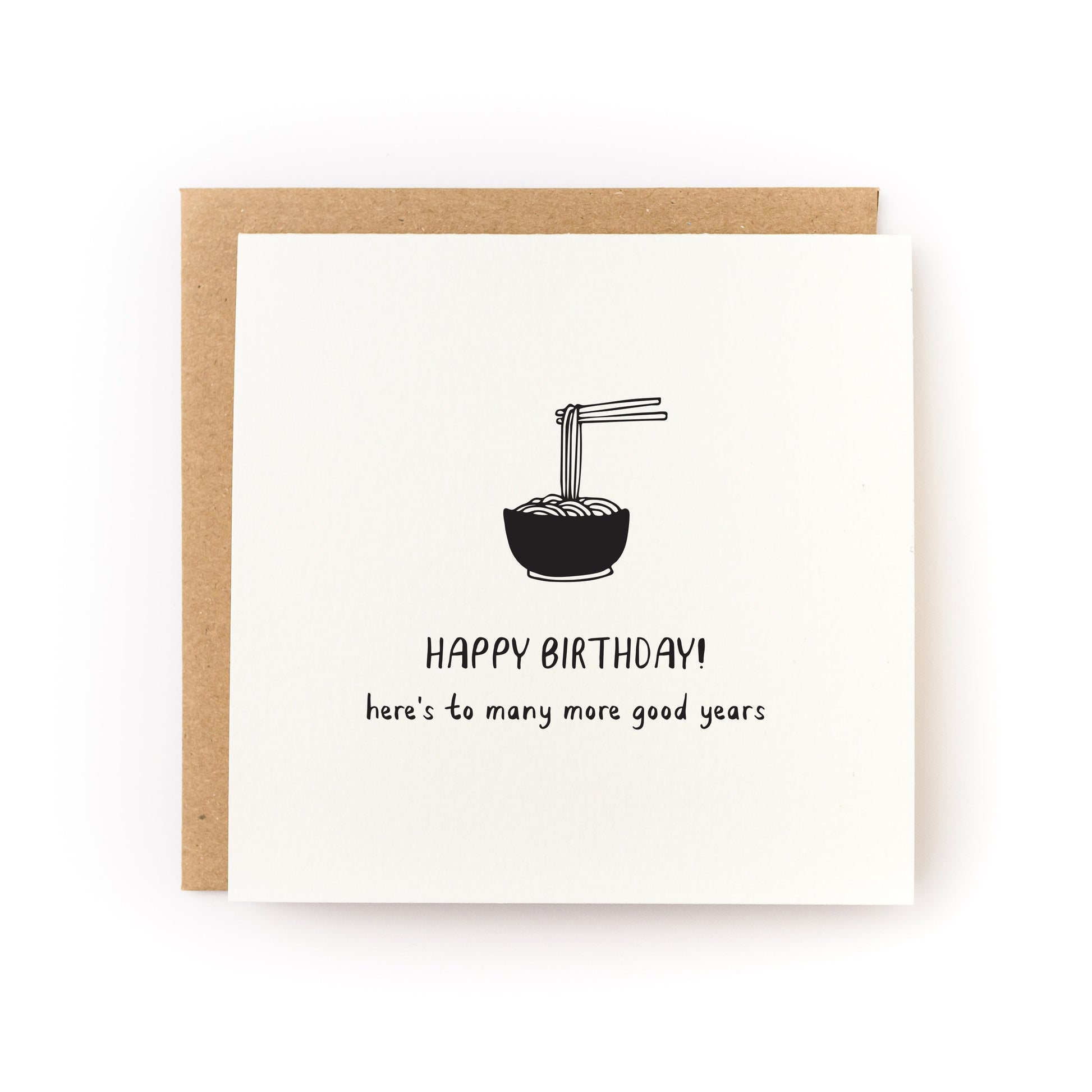 Longevity Noodles Letterpress Card with bowl of noodles and birthday wishes printed on white cardstock with kraft envelope.