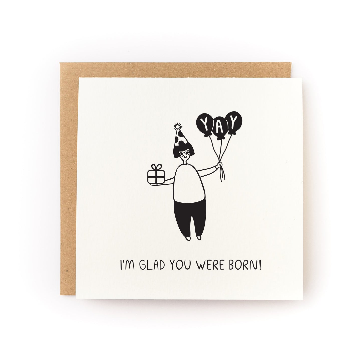 I'm Glad You Were Born Letterpress Card featuring a hand-printed birthday design with balloons and gift illustration.