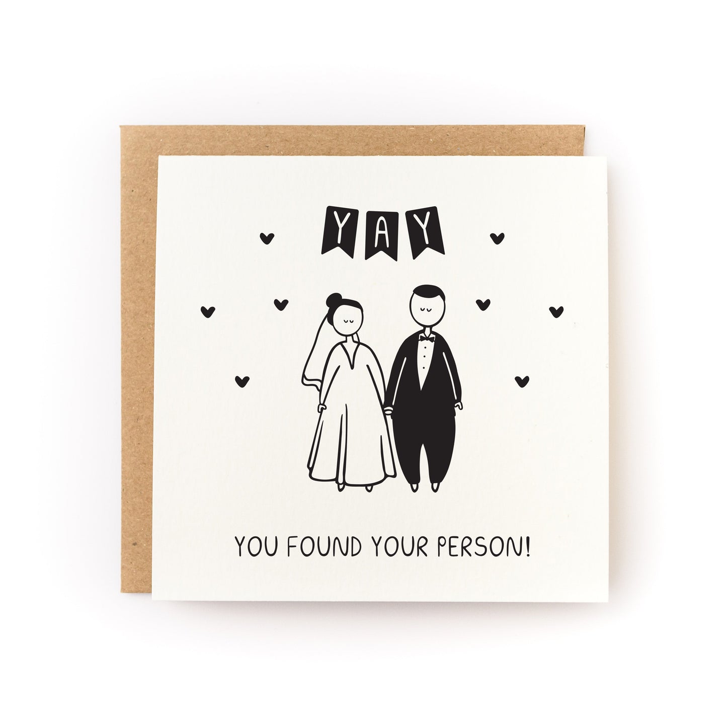 Yay You Found Your Person (Bride/Groom) Wedding Letterpress Card with bride and groom illustration and hearts design