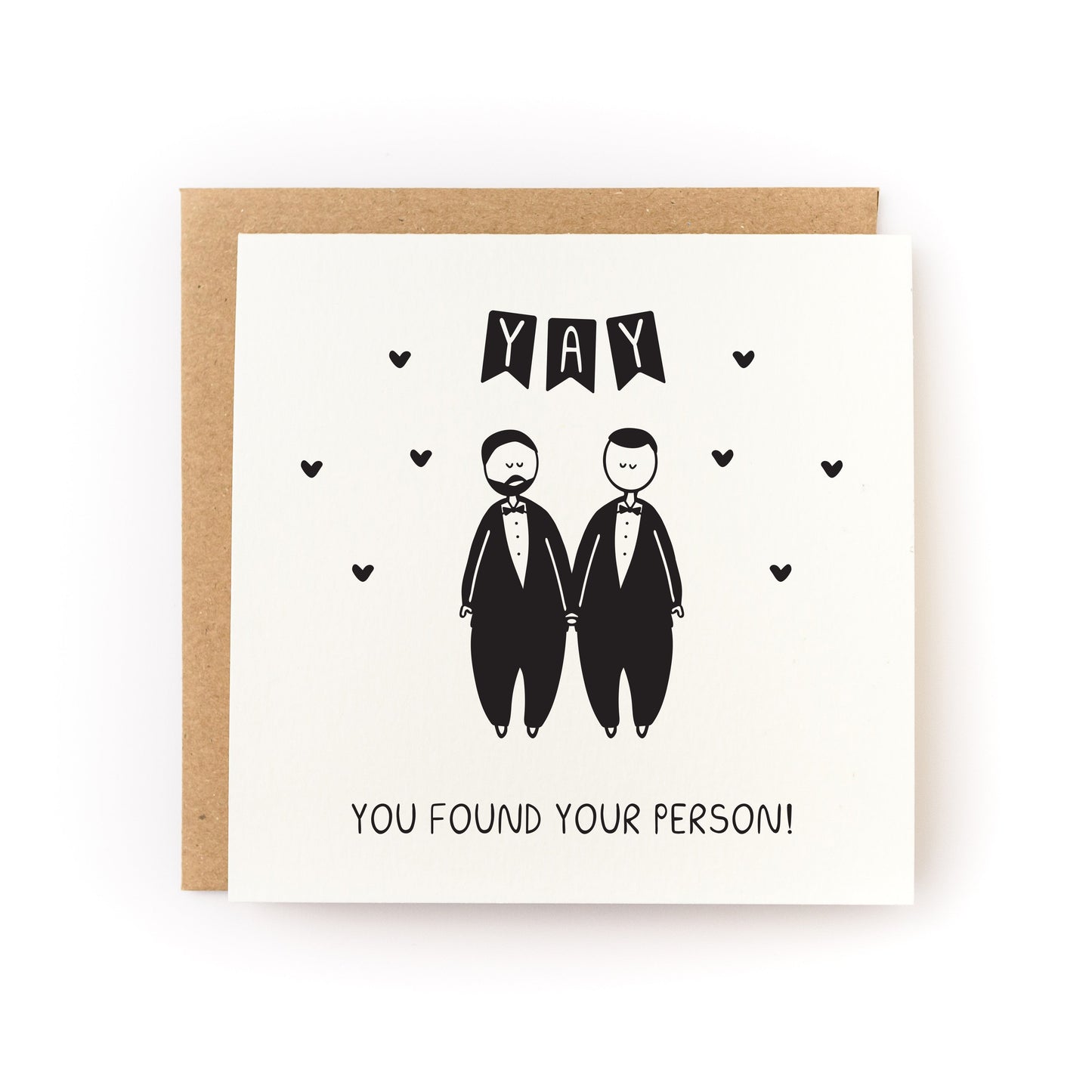 Yay You Found Your Person Groom/Groom Wedding Letterpress Card with two grooms holding hands and hearts design.