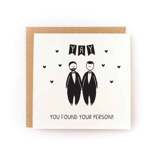 Yay You Found Your Person Groom/Groom Wedding Letterpress Card with two grooms holding hands and hearts design.
