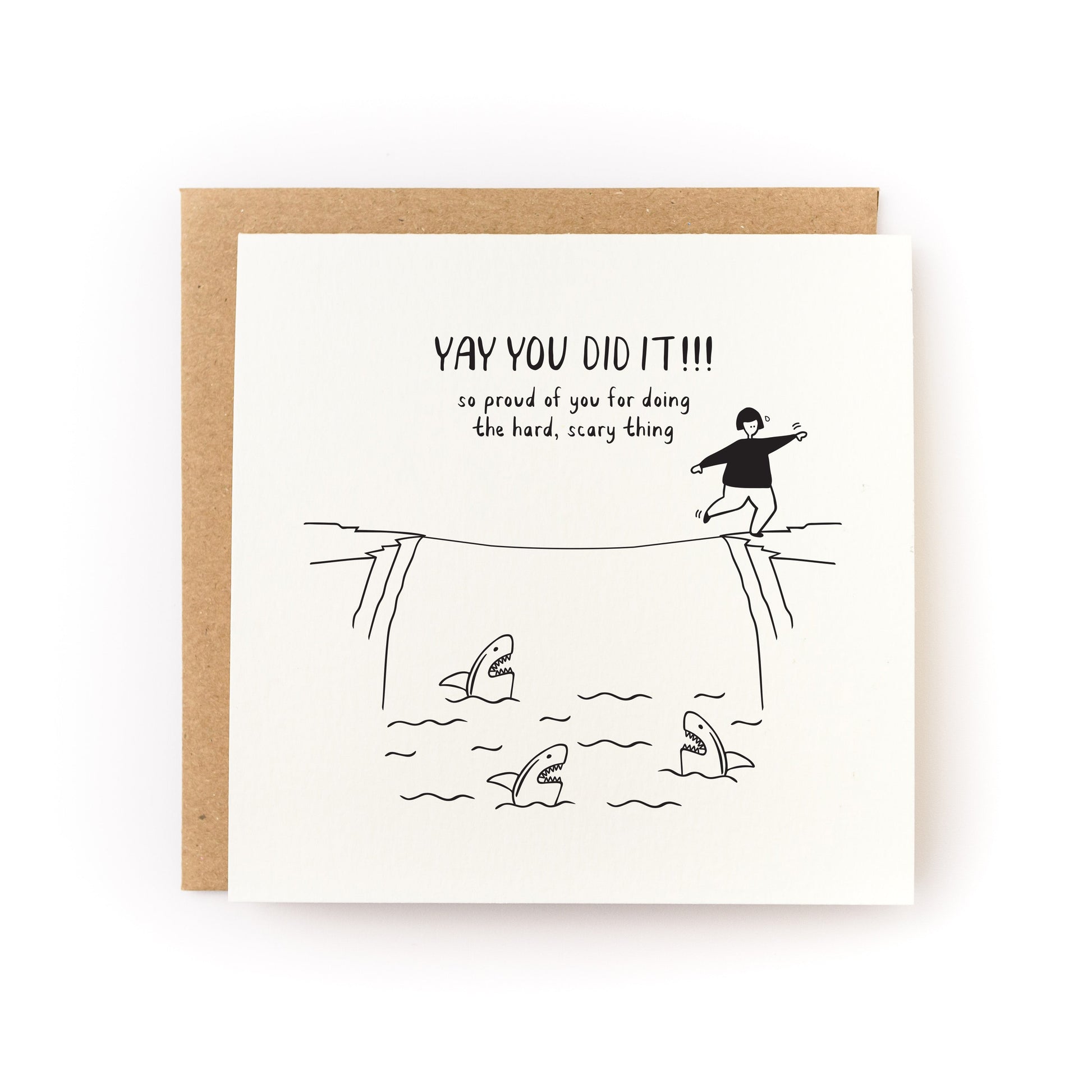 Doing the Hard Scary Thing Encouragement Letterpress Card with tightrope walker and sharks design celebrating bravery.