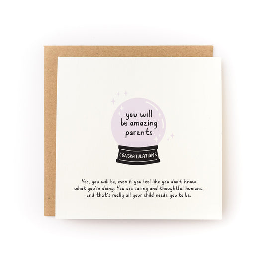 Amazing Parents Letterpress Card featuring a crystal ball design with a heartfelt message for new parents.