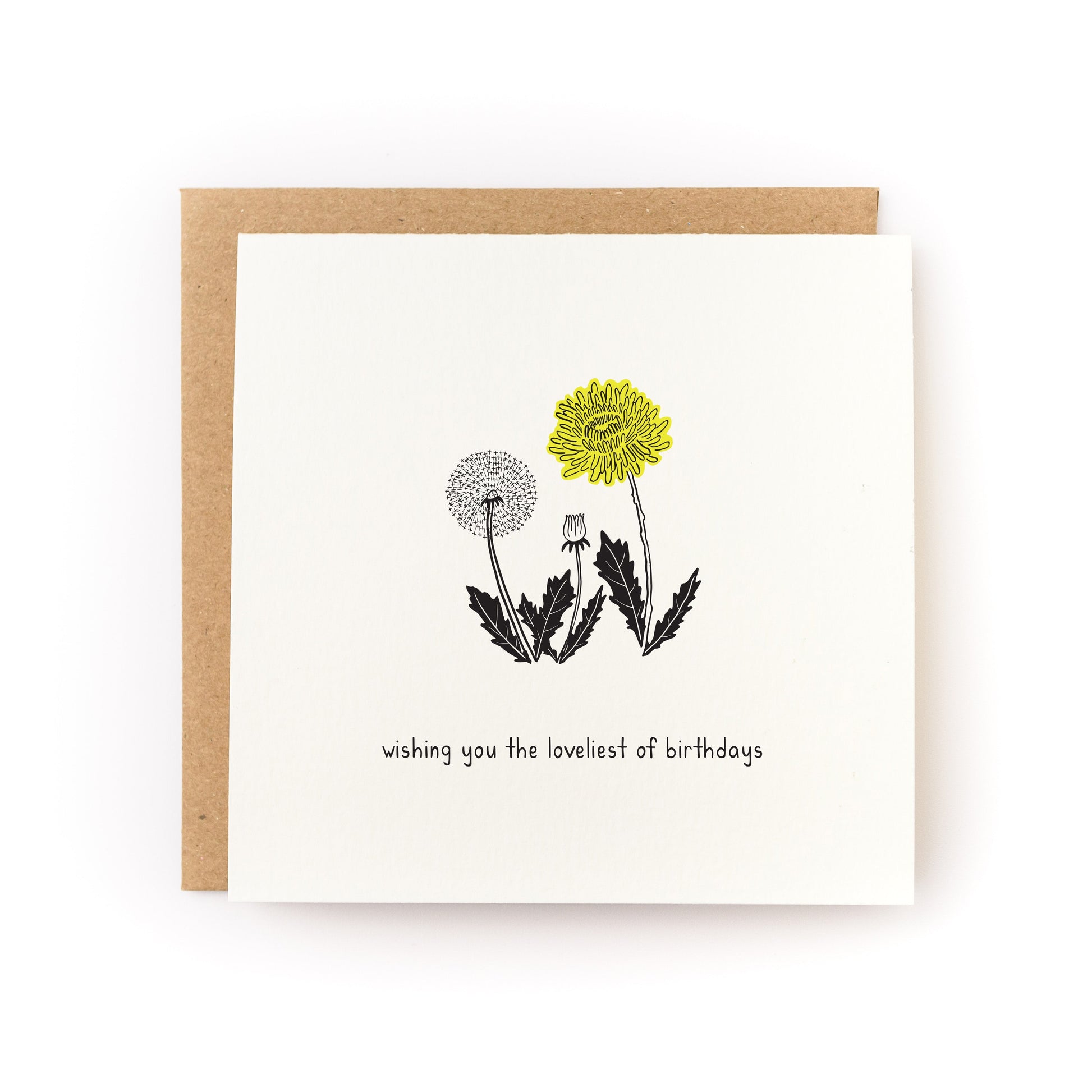 Loveliest Birthday Dandelion Letterpress Card with hand-printed dandelion design and birthday message on white cardstock.