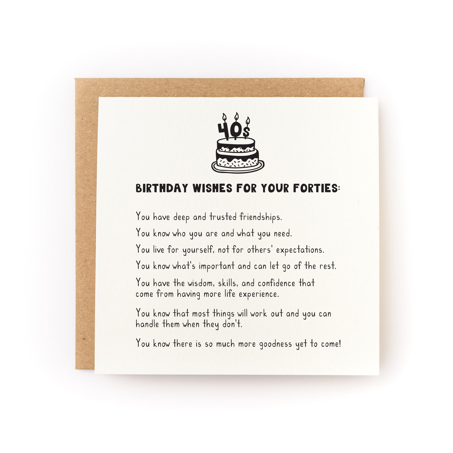 Forties Birthday Wishes Letterpress Card with birthday cake illustration and inspiring message for 40s milestone celebration.