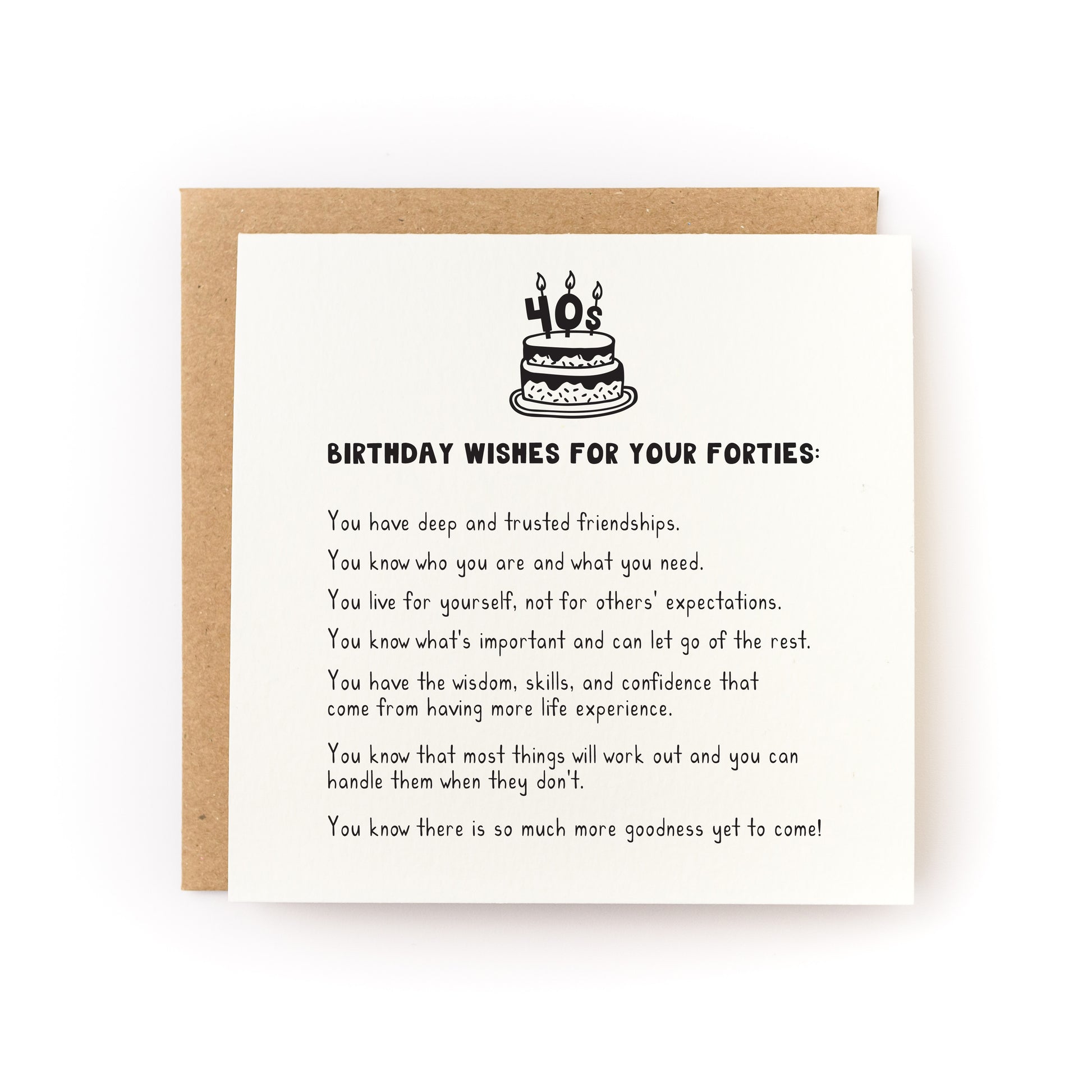 Forties Birthday Wishes Letterpress Card with birthday cake illustration and inspiring message for 40s milestone celebration.