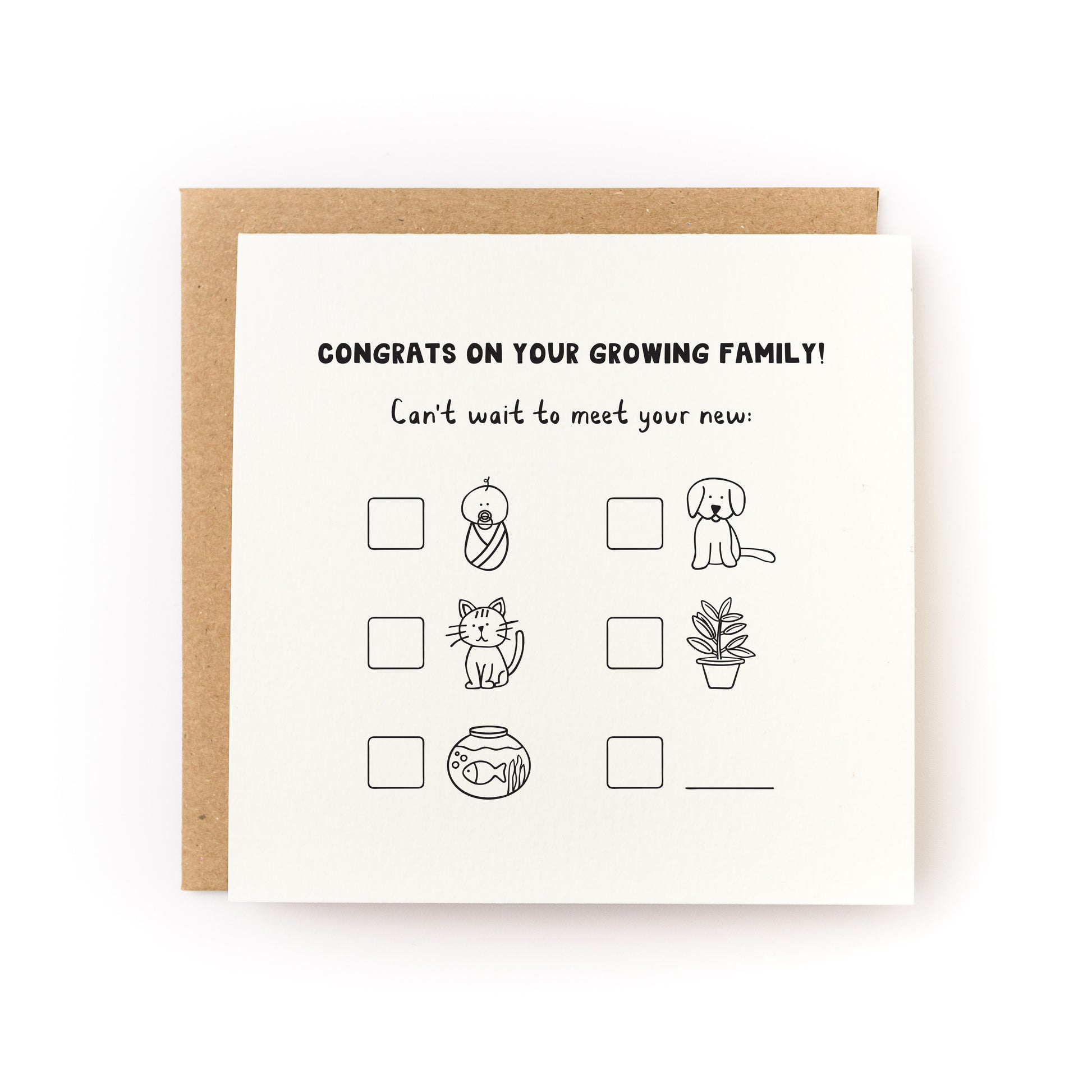 Growing Family Letterpress Card with playful illustrations of baby, pet, plant, and blank boxes to customize.