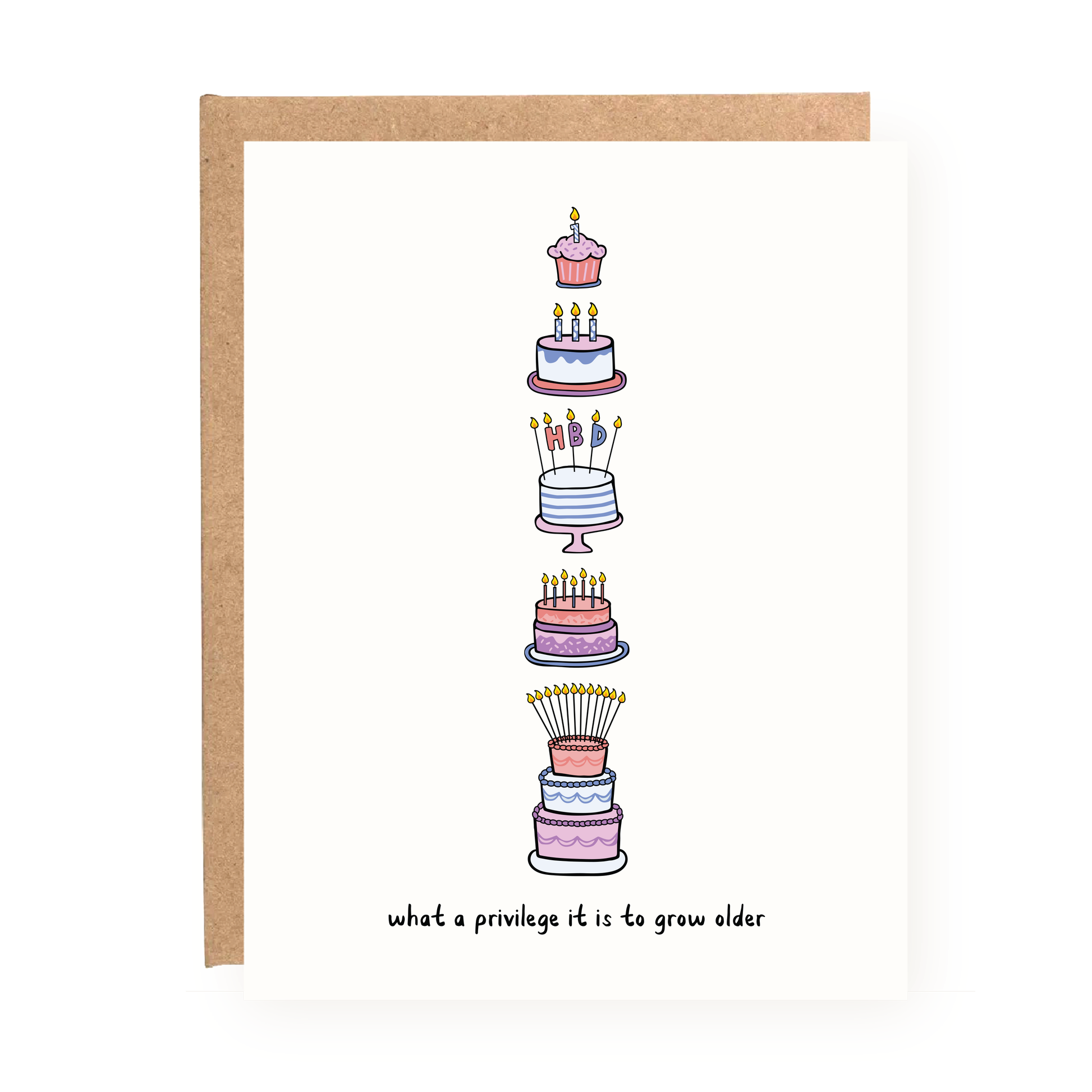 What a Privilege to Grow Older Card with stacked birthday cakes and candles on white cardstock with kraft envelope.