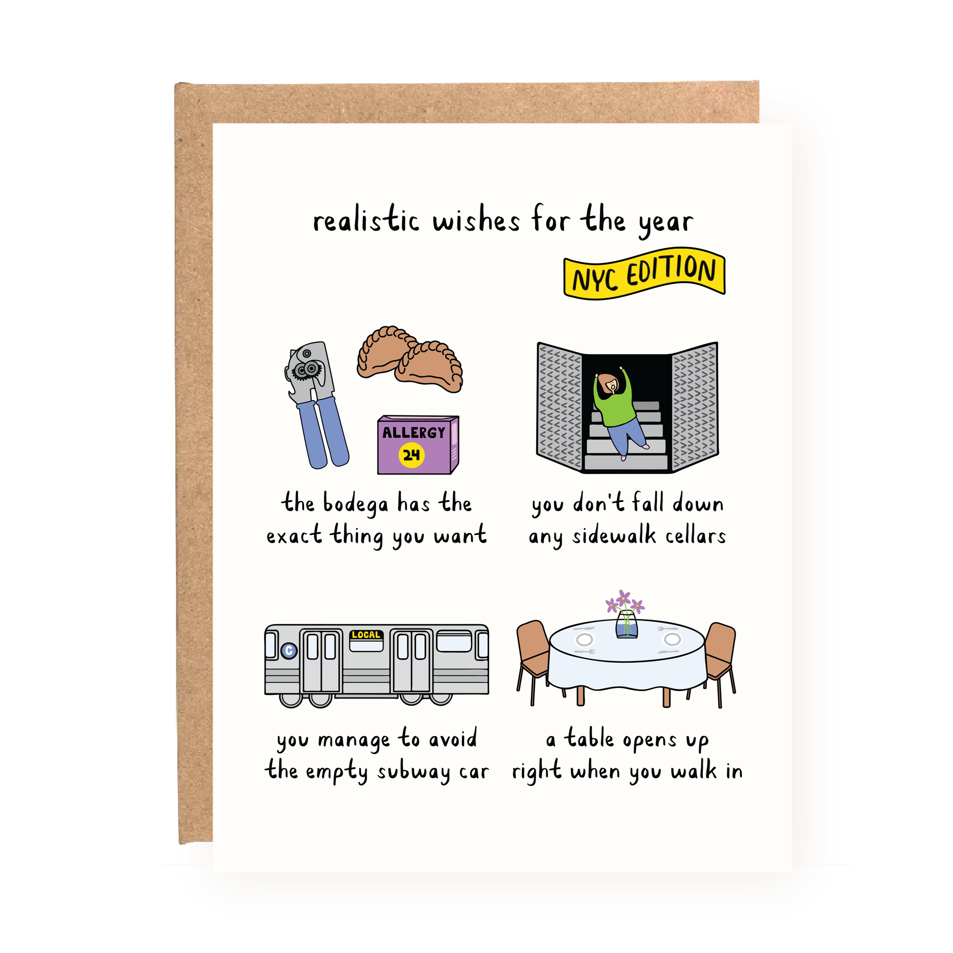 NYC Realistic Wishes for the Year Card with humorous New York City-themed illustrations and low-expectation birthday wishes.