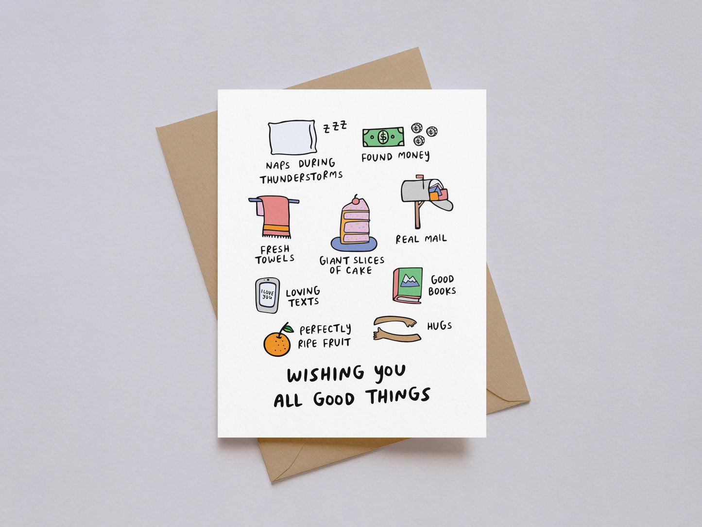 Birthday card with simple illustrated icons like cake, books, hugs, and fresh towels titled Wishing You All Good Things