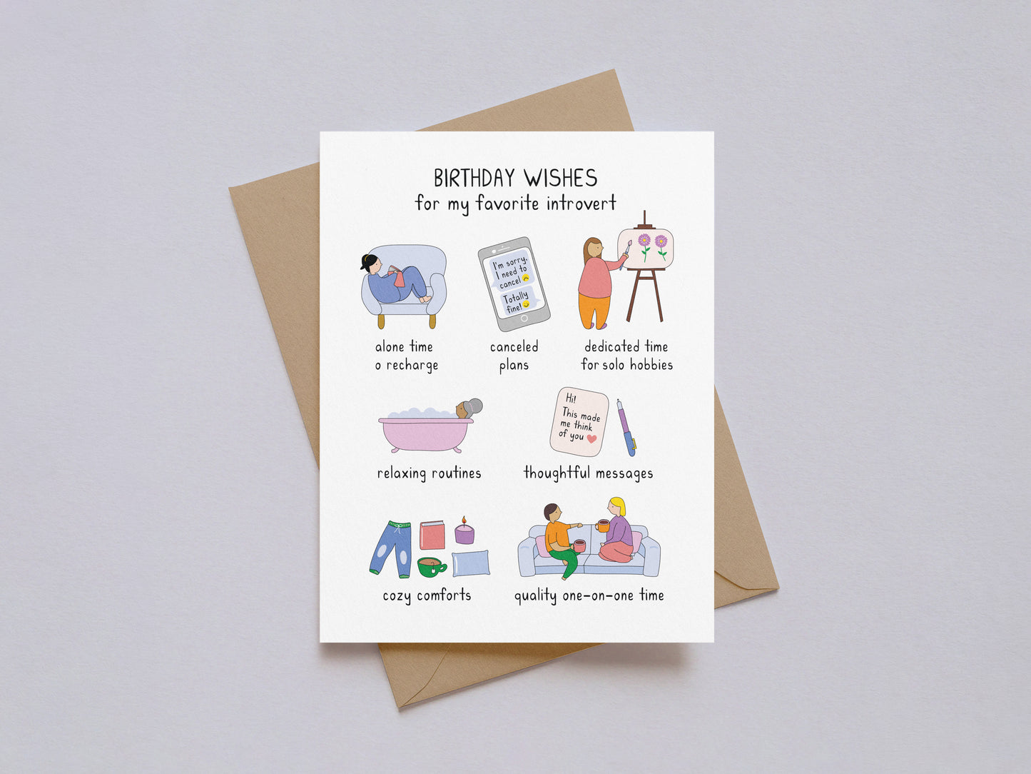 Illustrated introvert birthday card showing cozy activities like alone time, canceled plans, solo hobbies, and quality one-on-one time