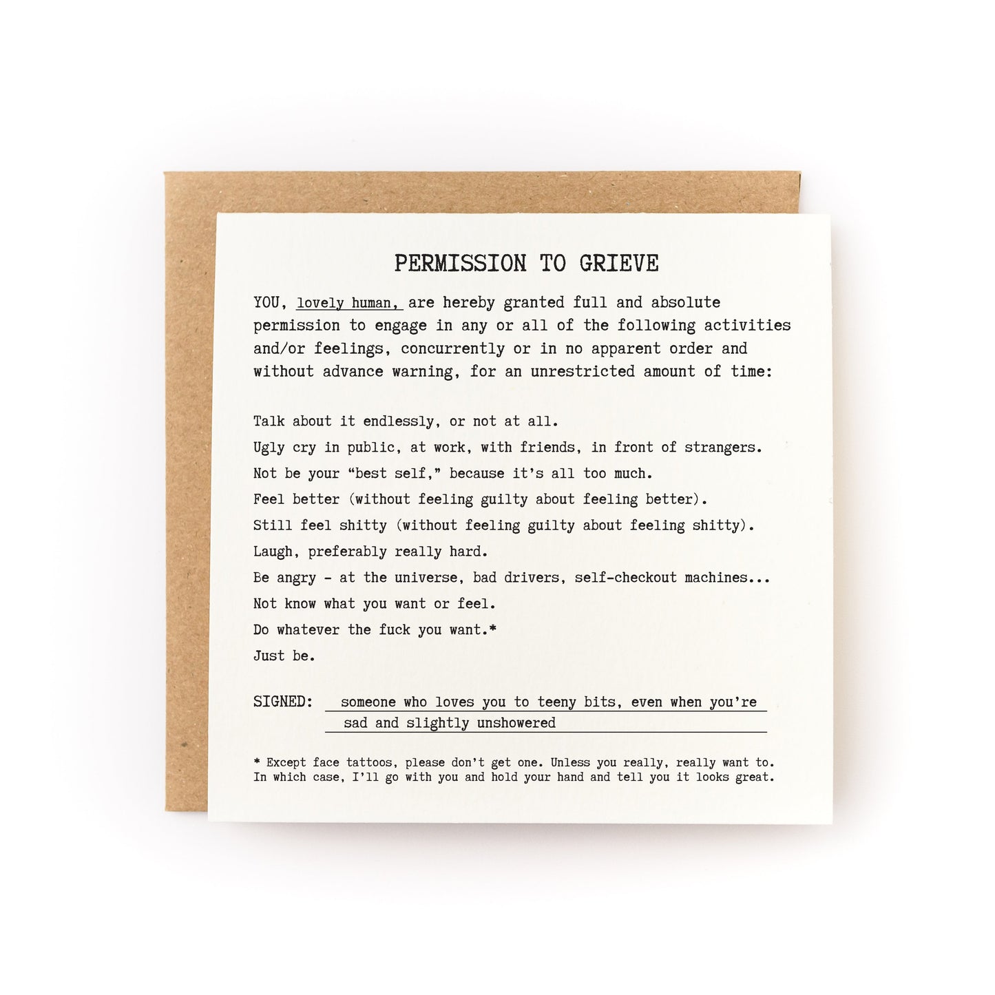 Thoughtful sympathy card that has a white background and black text that reads like a permission slip, titled Permission to Grieve 