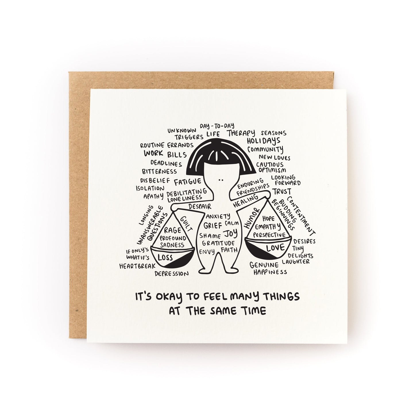 Thoughtful sympathy card or encouragement card for someone who is grieving or going through a tough time. The card has a white background and black illustration of a person who is juggling many different emotions. 