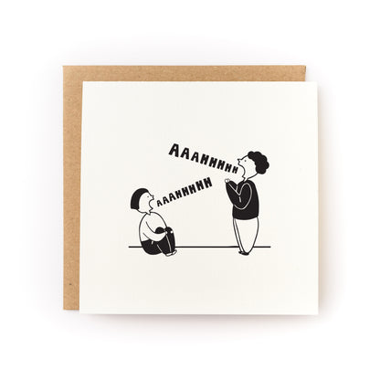 Scream into the Void Letterpress Card showing two people shouting with folded card and recycled kraft envelope.