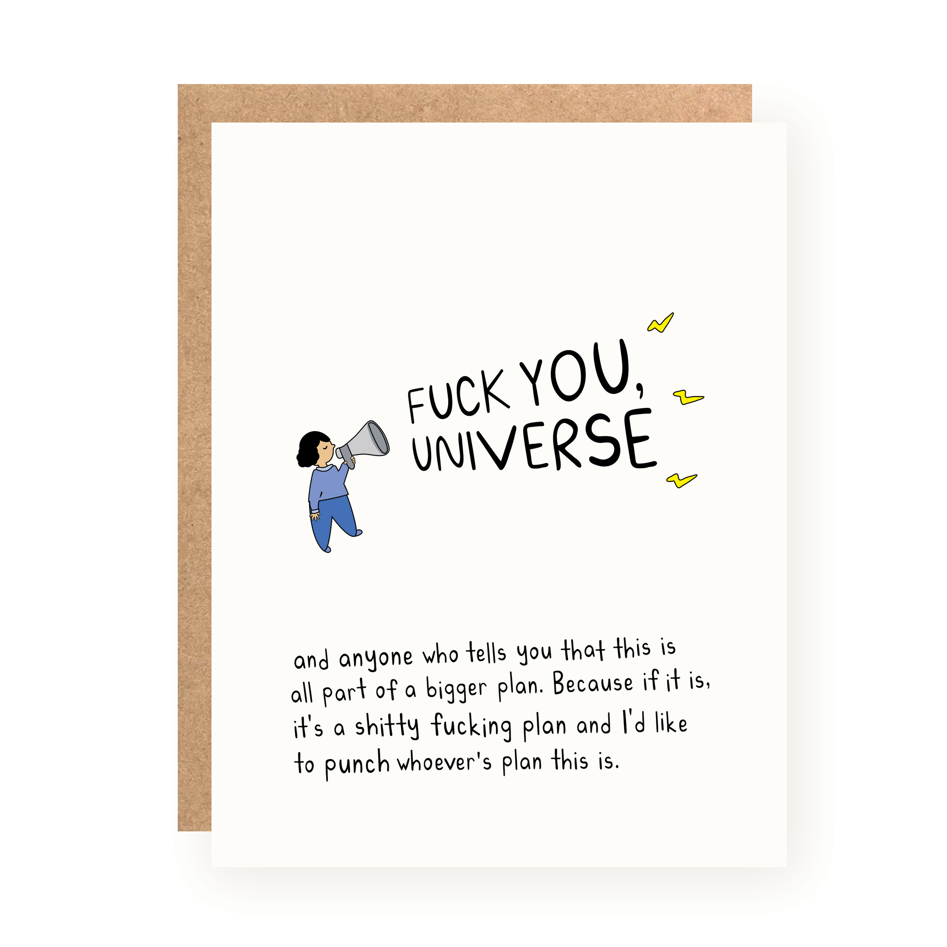 Handmade sympathy card with illustration of person shouting into megaphone and bold text expressing frustration with the universe.