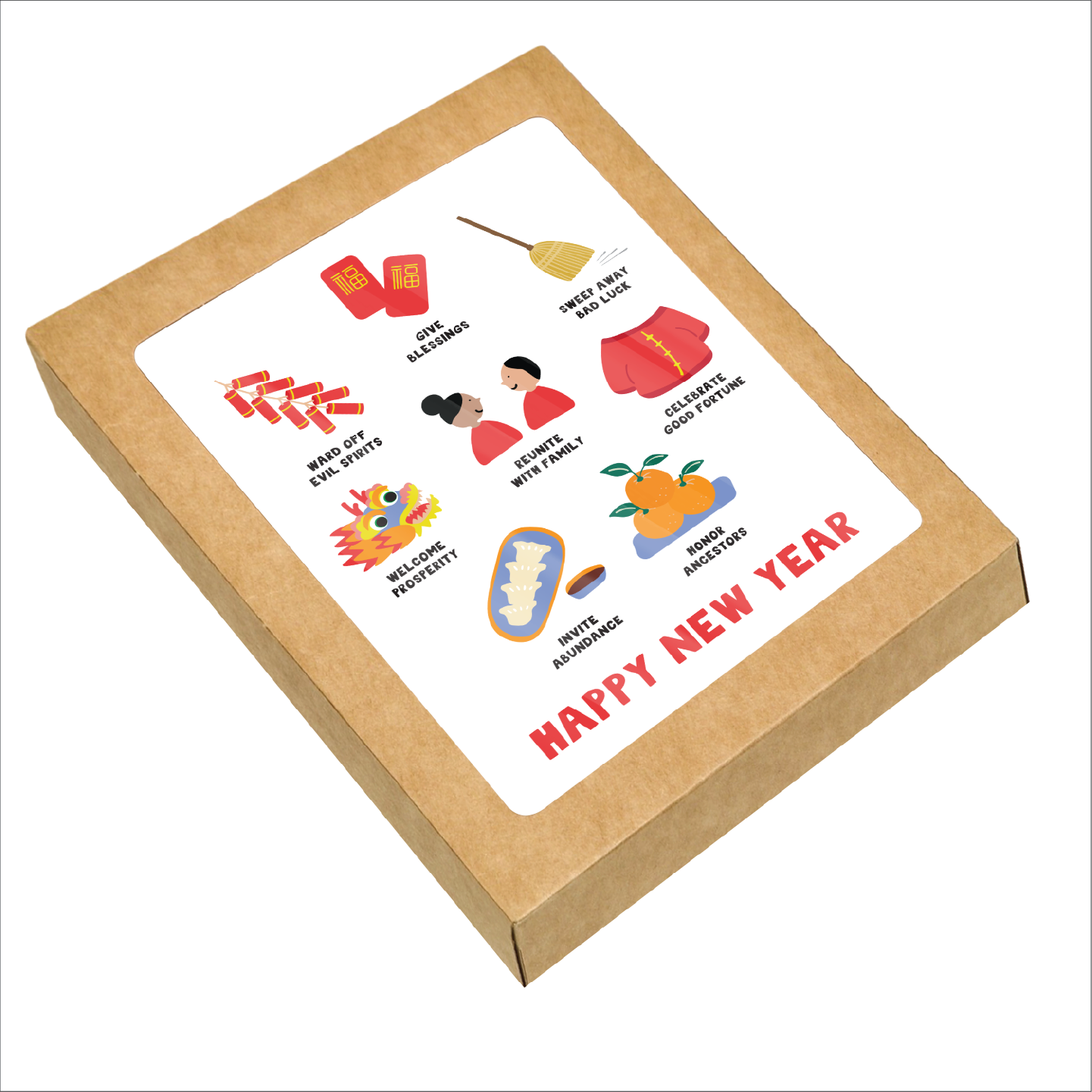 Lunar New Year card with illustrated icons representing traditional customs and wishes for prosperity and good fortune