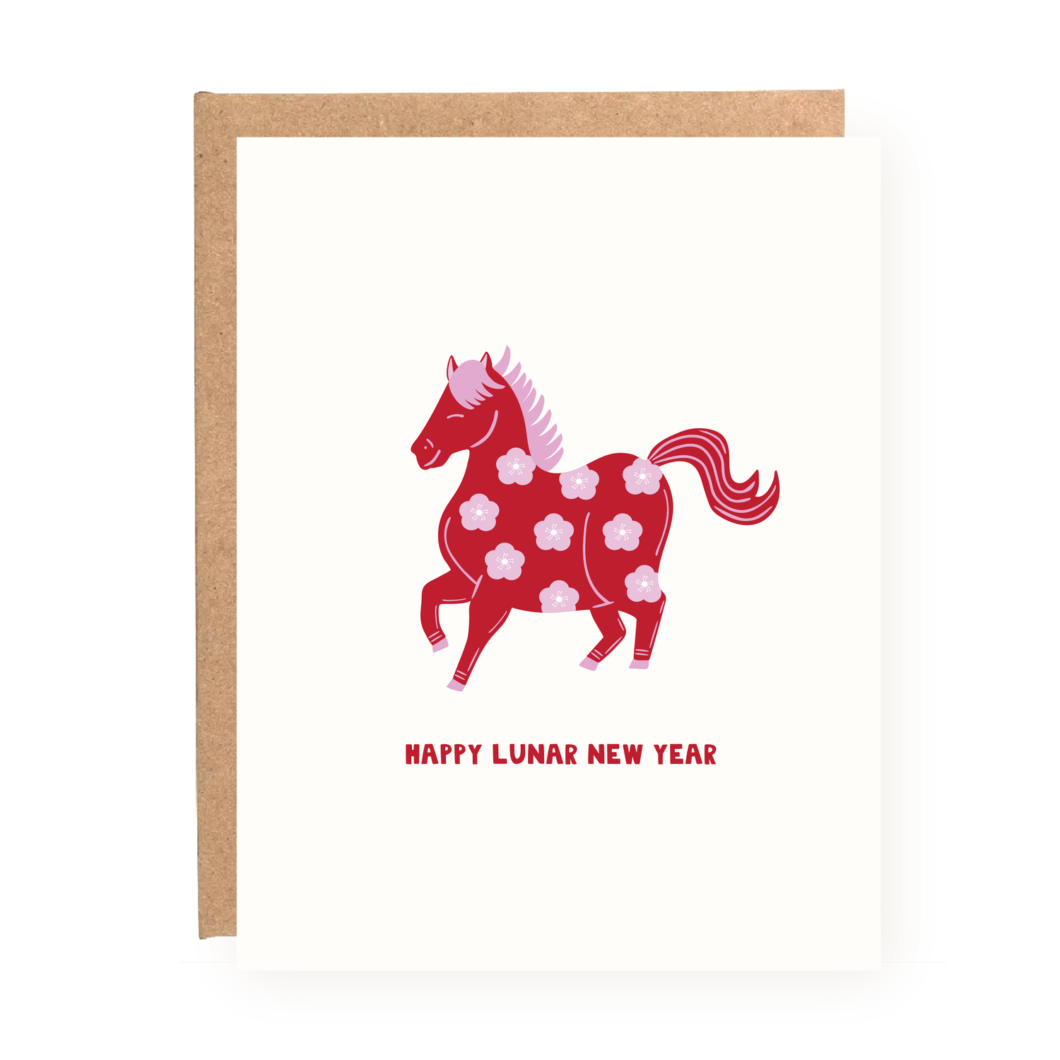 Lunar New Year Year of the Horse Card with red floral horse illustration and Happy Lunar New Year text on white cardstock.