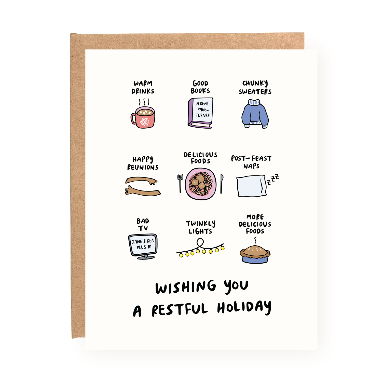 Wishing You a Restful Holiday Card with cozy illustrations of drinks, books, sweaters, food, naps, and holiday lights.