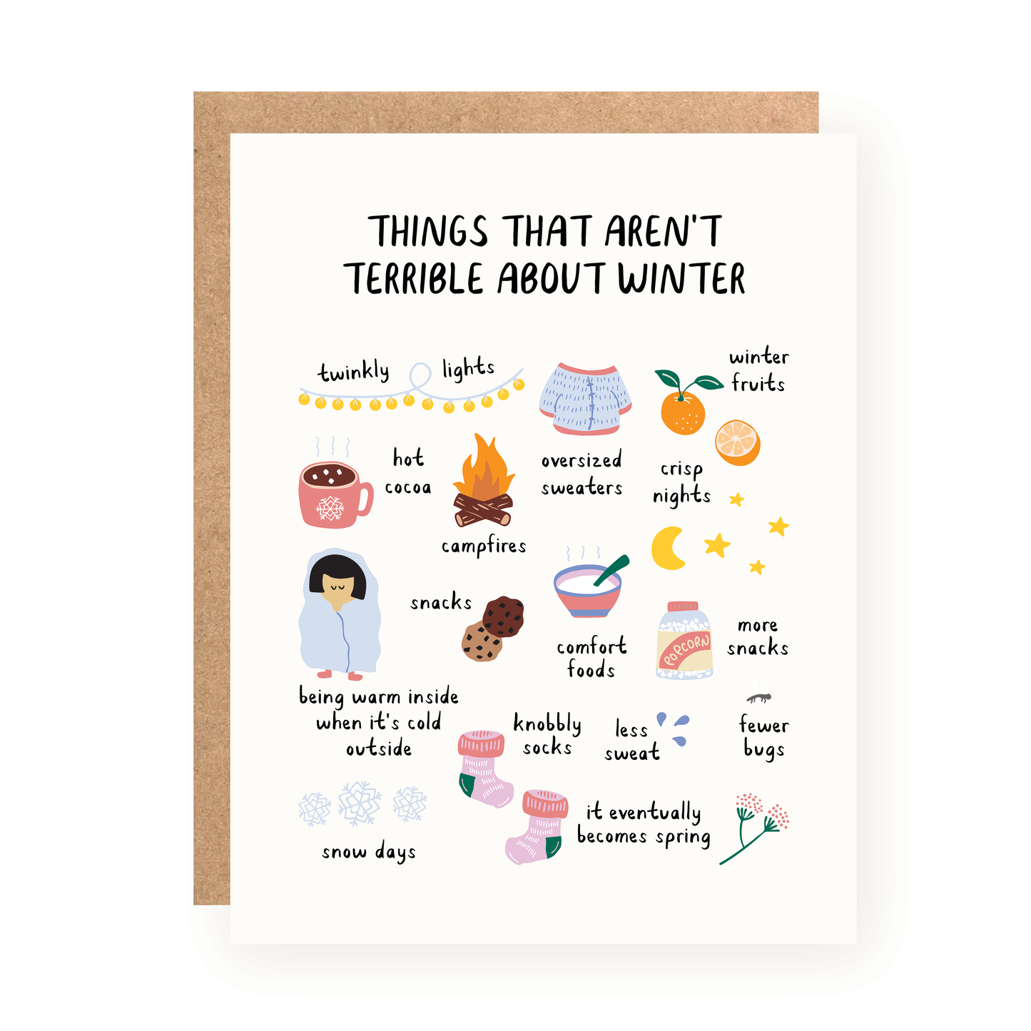 Greeting card with colorful hand-drawn illustrations and handwritten text listing positive things about winter, including twinkly lights, hot cocoa, oversized sweaters, and campfires on a white background.