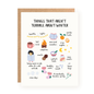Greeting card with colorful hand-drawn illustrations and handwritten text listing positive things about winter, including twinkly lights, hot cocoa, oversized sweaters, and campfires on a white background.