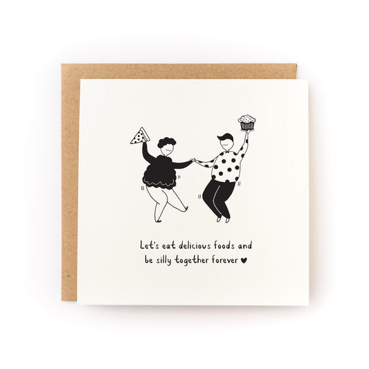 Let's Be Silly Valentine's Day Letterpress Card with dancing couple holding pizza and cupcake illustration.
