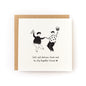 Let's Be Silly Valentine's Day Letterpress Card with dancing couple holding pizza and cupcake illustration.