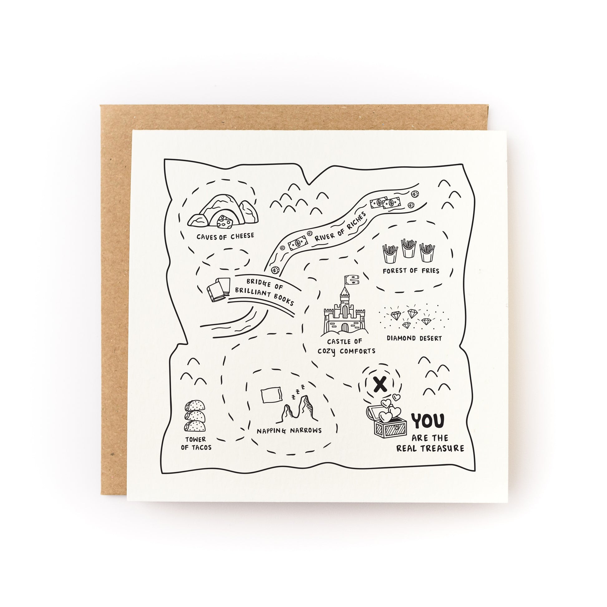 Treasure Map Valentine's Day Letterpress Card with hand-drawn map and treasure theme on luxe white cardstock.