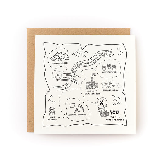 Treasure Map Valentine's Day Letterpress Card with hand-drawn map and treasure theme on luxe white cardstock.