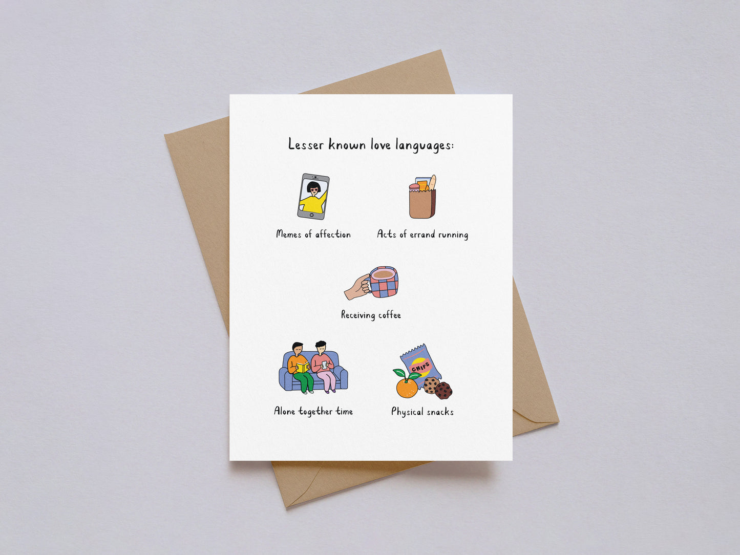 Folded Valentine’s Day card titled Lesser Known Love Languages with colorful illustrated icons on white cardstock