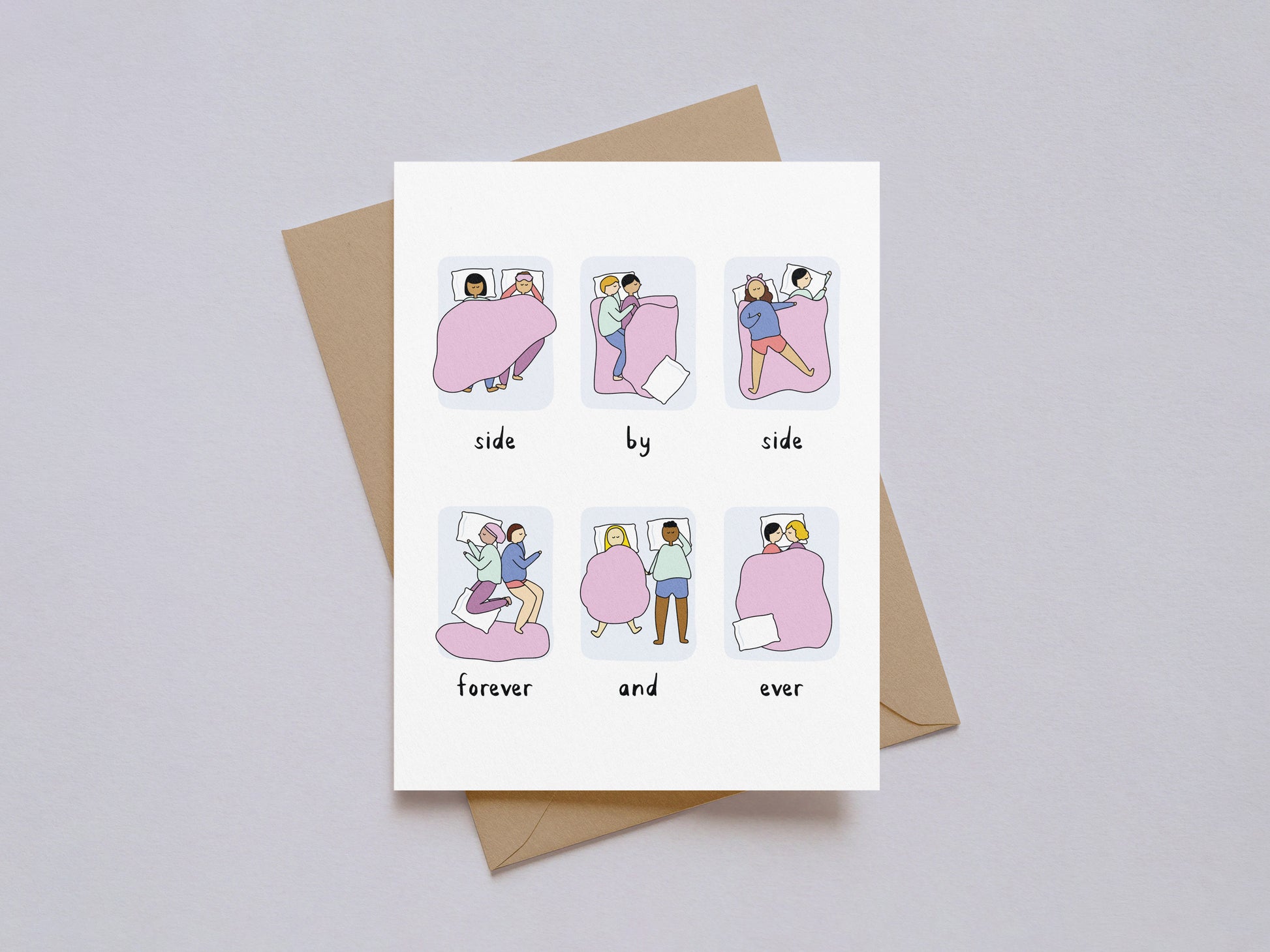 Illustrated Valentine's Day card titled Side By Side showing six panels of couples in bed with pink blankets and handwritten text