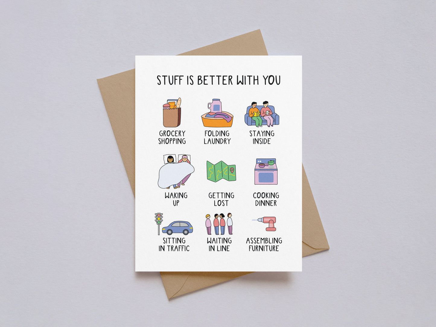 Valentine’s Day card titled Stuff Is Better With You with colorful illustrations of daily activities on white background