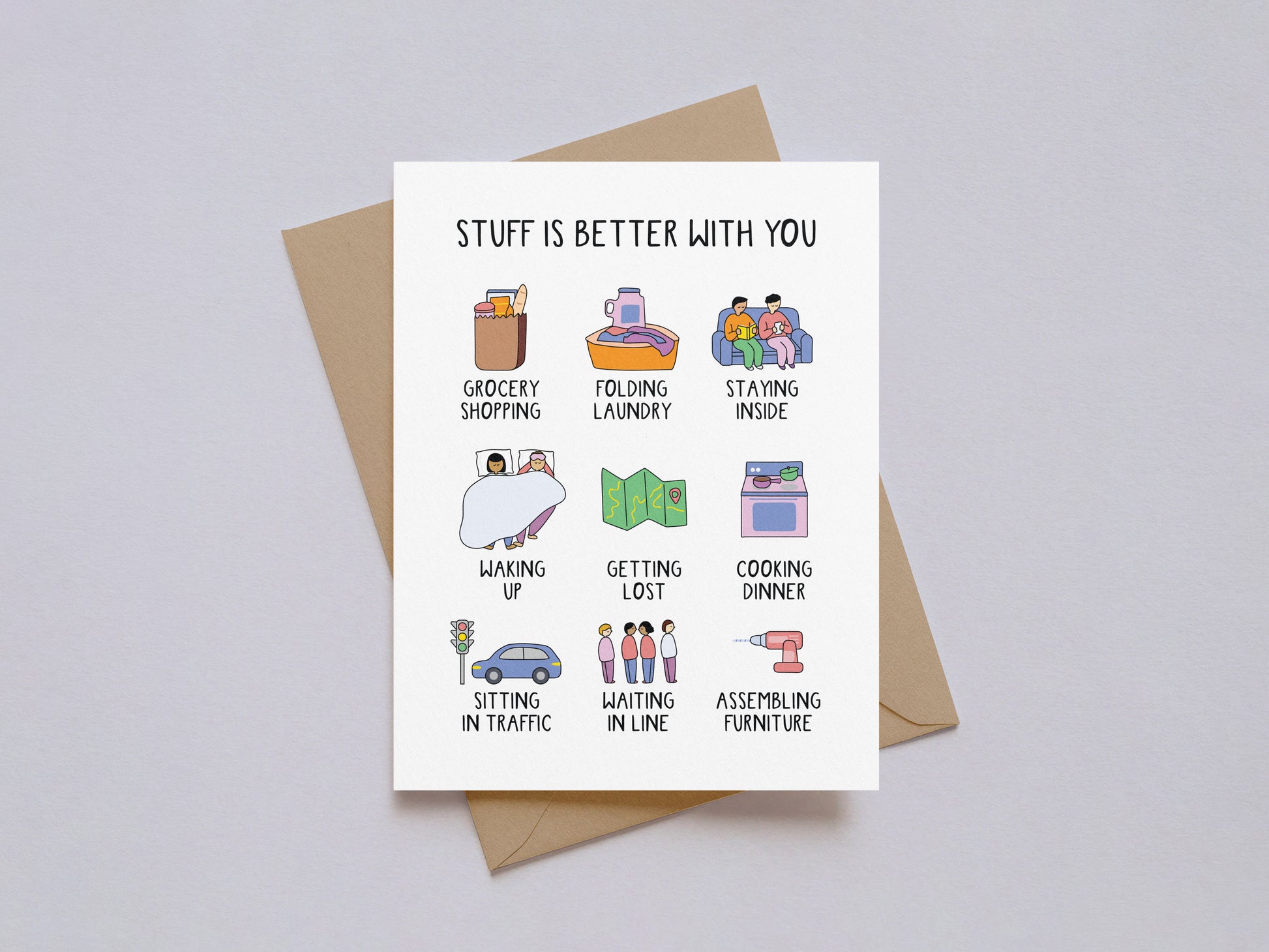 Valentine’s Day card titled Stuff Is Better With You with colorful illustrations of daily activities on white background